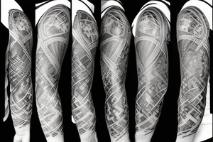 A full arm tattoo. Futuristic. Circuitry diagram. heavy black parts. geometric shapes. Straight lines tattoo idea