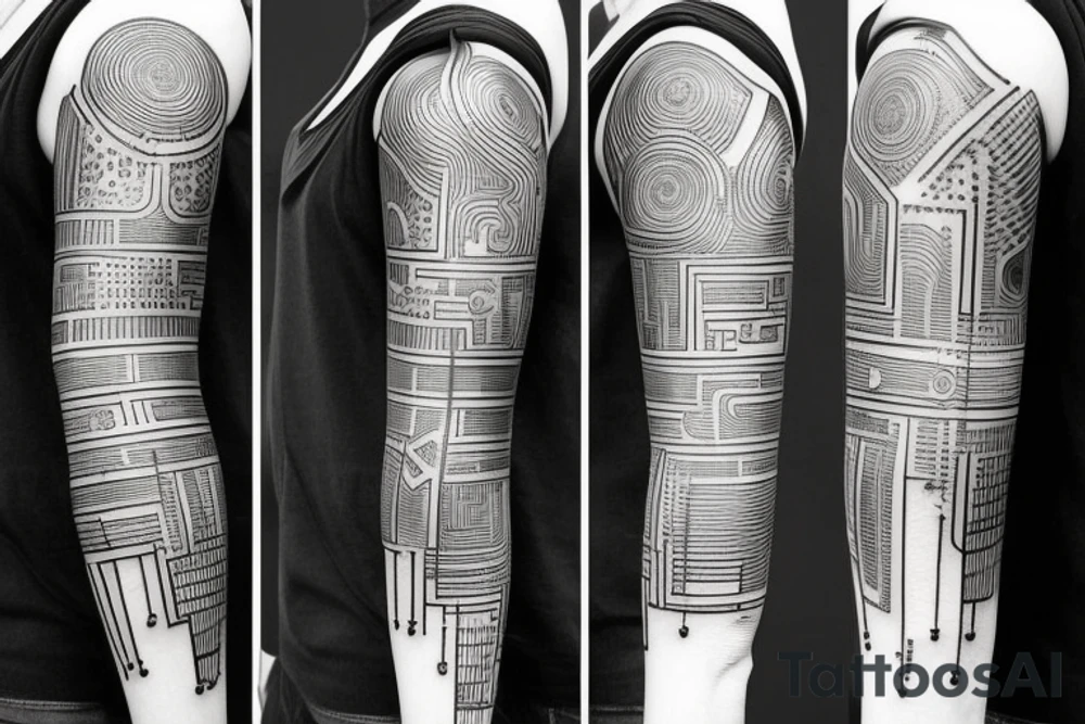 A full arm tattoo. Futuristic. Circuitry diagram. heavy black parts. geometric shapes. Straight lines tattoo idea