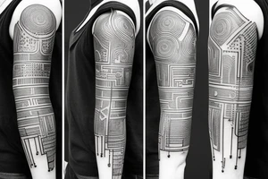 A full arm tattoo. Futuristic. Circuitry diagram. heavy black parts. geometric shapes. Straight lines tattoo idea