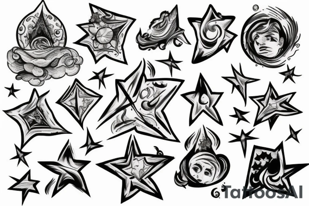 Star with flames and clouds tattoo idea