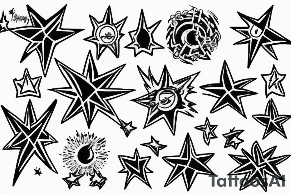 Star with flames and clouds tattoo idea