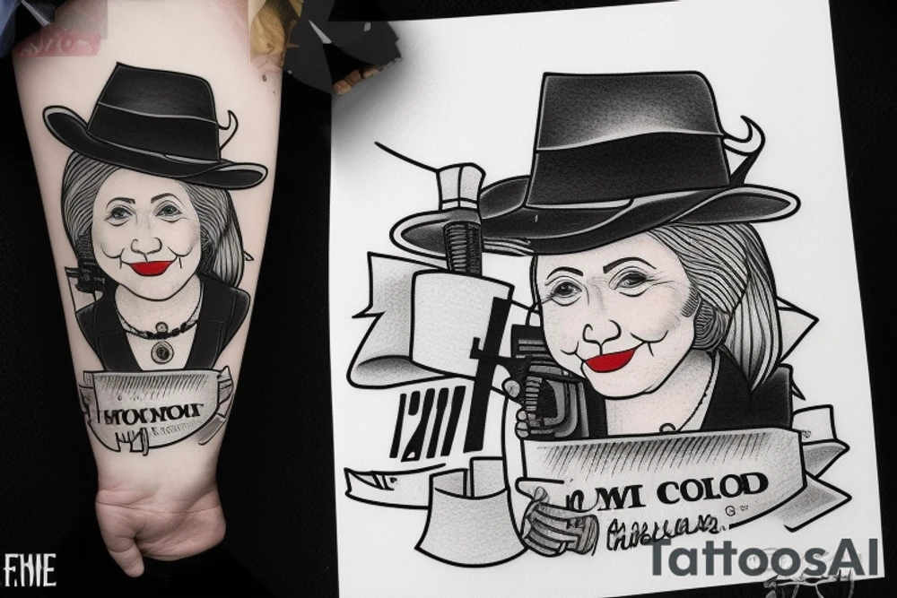 Hillary Clinton as a mobster. Fedora hat and tommy gun. tattoo idea