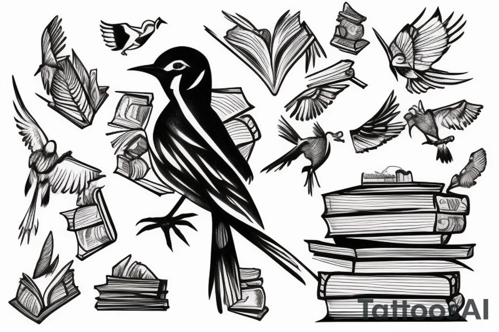 Bird breaking out of cage on stack of books tattoo idea