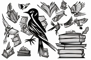 Bird breaking out of cage on stack of books tattoo idea