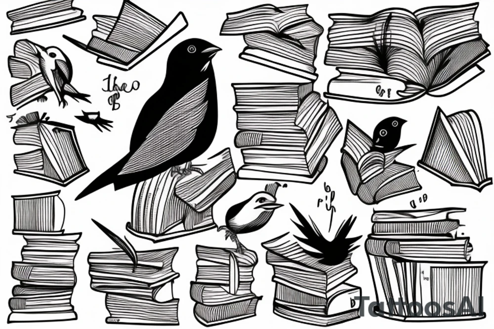 Bird breaking out of cage on stack of books tattoo idea