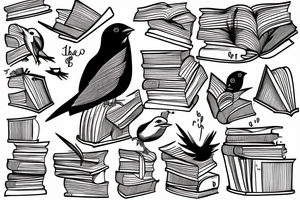 Bird breaking out of cage on stack of books tattoo idea