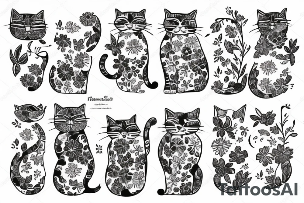 Cat in front of flower design tattoo idea