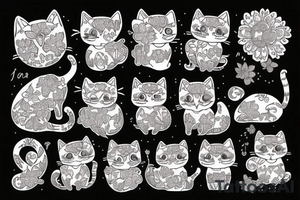 Cat in front of flower design tattoo idea