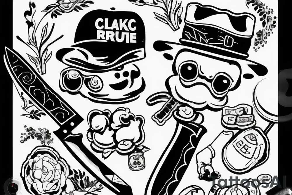 Rubber ducky wearing a jolly roger baseball cap holding a chef knife menacingly over it's head tattoo idea