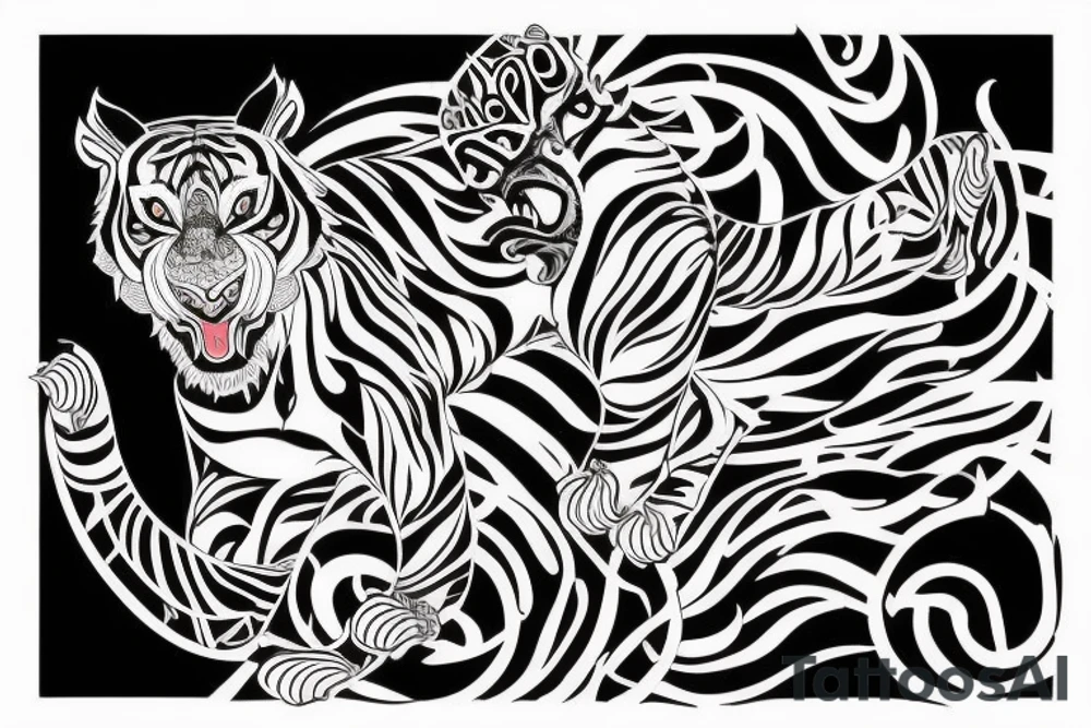 A traditional tiger with a fierce face and claws drawn wrapped up in lotus flowers with his tail snaking through tattoo idea