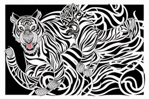 A traditional tiger with a fierce face and claws drawn wrapped up in lotus flowers  with his tail snaking through tattoo idea