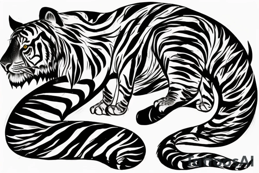 A traditional tiger with a fierce face and claws drawn wrapped up in lotus flowers with his tail snaking through tattoo idea