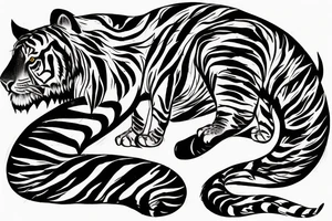 A traditional tiger with a fierce face and claws drawn wrapped up in lotus flowers  with his tail snaking through tattoo idea