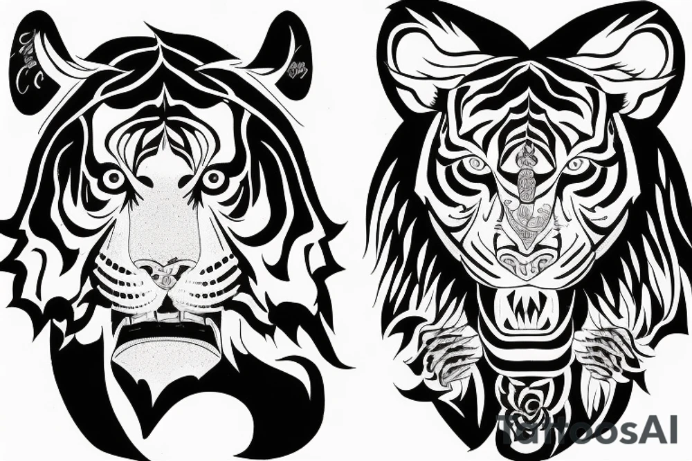 A traditional tiger with a fierce face and claws drawn wrapped up in lotus flowers with his tail snaking through tattoo idea