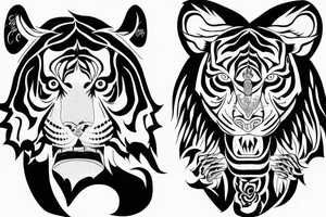 A traditional tiger with a fierce face and claws drawn wrapped up in lotus flowers  with his tail snaking through tattoo idea
