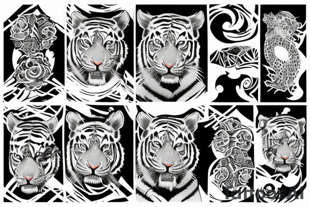 A traditional tiger with a fierce face and claws drawn wrapped up in lotus flowers with his tail snaking through tattoo idea