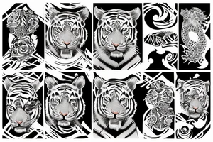 A traditional tiger with a fierce face and claws drawn wrapped up in lotus flowers  with his tail snaking through tattoo idea