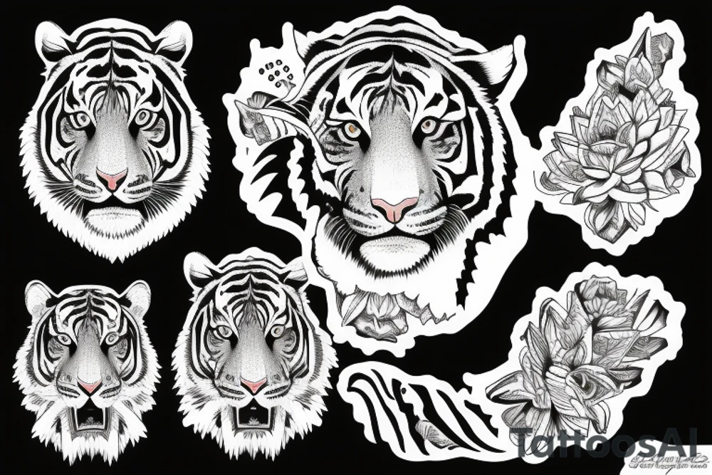 A traditional tiger with a fierce face and claws drawn wrapped up in lotus flowers tattoo idea
