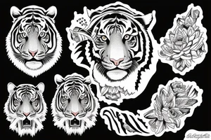 A traditional tiger with a fierce face and claws drawn wrapped up in lotus flowers tattoo idea