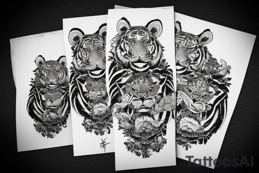 A traditional tiger with a fierce face and claws drawn wrapped up in lotus flowers tattoo idea