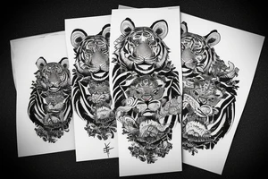 A traditional tiger with a fierce face and claws drawn wrapped up in lotus flowers tattoo idea
