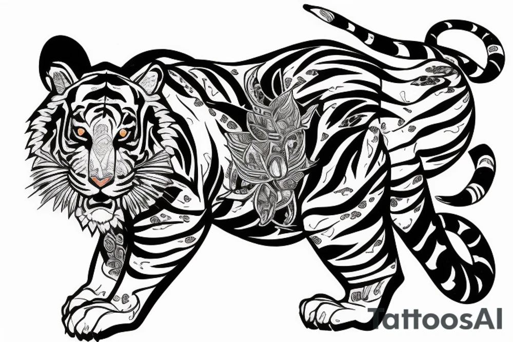 A traditional tiger with a fierce face and claws drawn wrapped up in lotus flowers tattoo idea