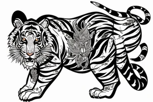 A traditional tiger with a fierce face and claws drawn wrapped up in lotus flowers tattoo idea