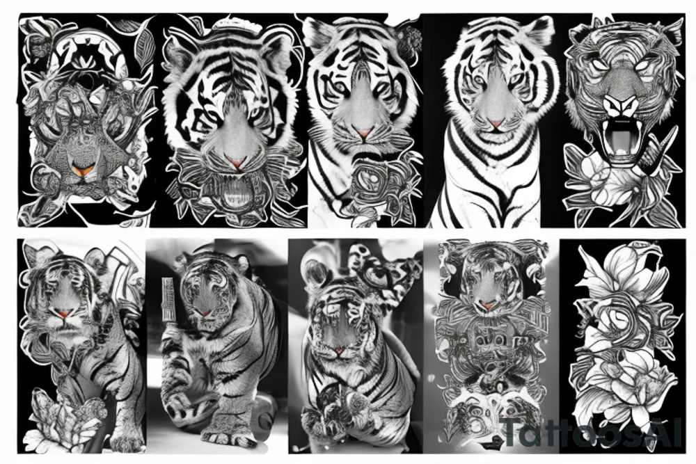A traditional tiger with a fierce face and claws drawn wrapped up in lotus flowers tattoo idea