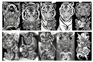 A traditional tiger with a fierce face and claws drawn wrapped up in lotus flowers tattoo idea