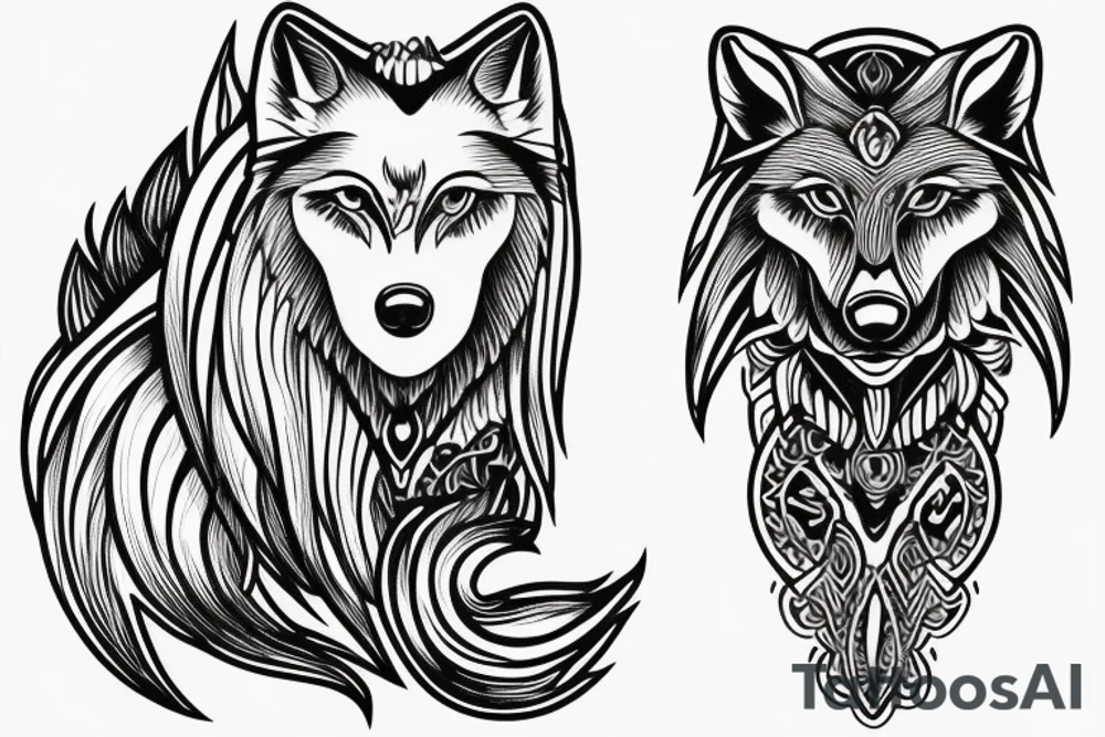 Woman riding wolf head tattoo idea