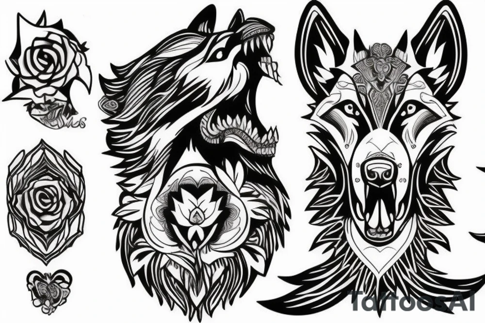 Woman riding wolf head tattoo idea