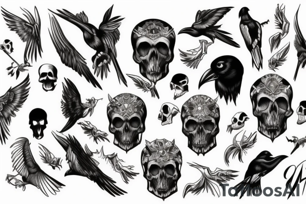 Raven, skull, neo traditional tattoo idea