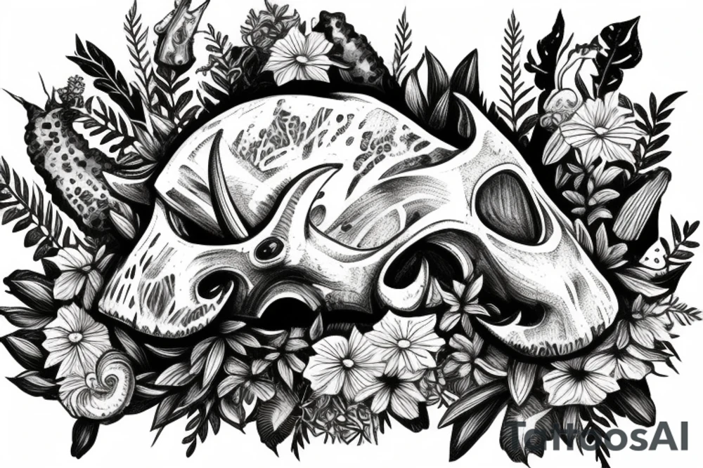 triceratops skull with ferns and flowers and mushrooms and nature tattoo idea