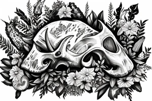 triceratops skull with ferns and flowers and mushrooms and nature tattoo idea