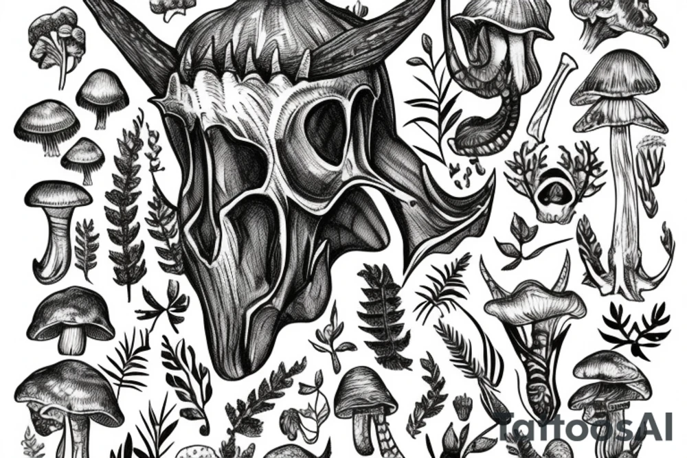 triceratops skull with ferns and flowers and mushrooms and nature tattoo idea