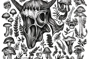 triceratops skull with ferns and flowers and mushrooms and nature tattoo idea