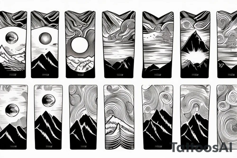woodcut mountain landscape cascades arm band tattoo idea