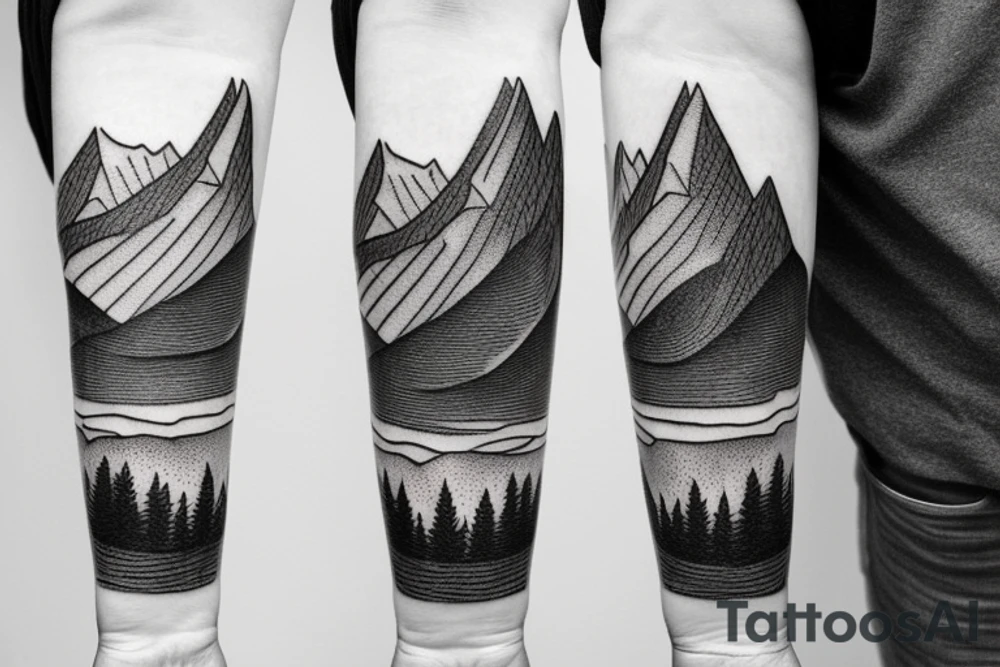 woodcut mountain landscape cascades arm band tattoo idea