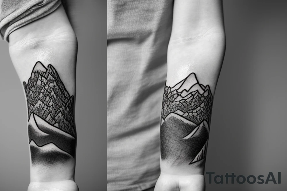 woodcut mountain landscape cascades arm band tattoo idea