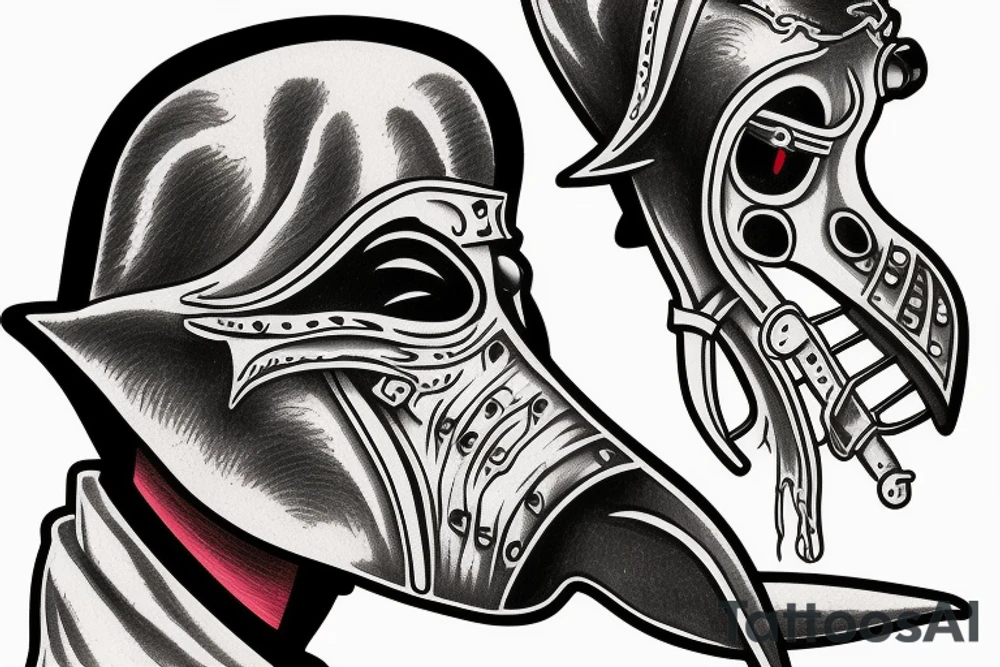 Side profile of Plague Doctor mask in full color in the style of American traditional tattoo idea