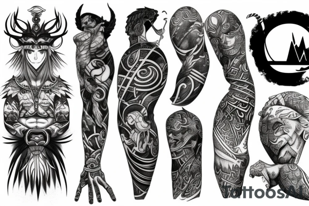 Japanese Nordic Greek gods sleeve tattoo idea