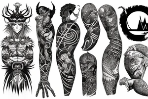 Japanese Nordic Greek gods sleeve tattoo idea