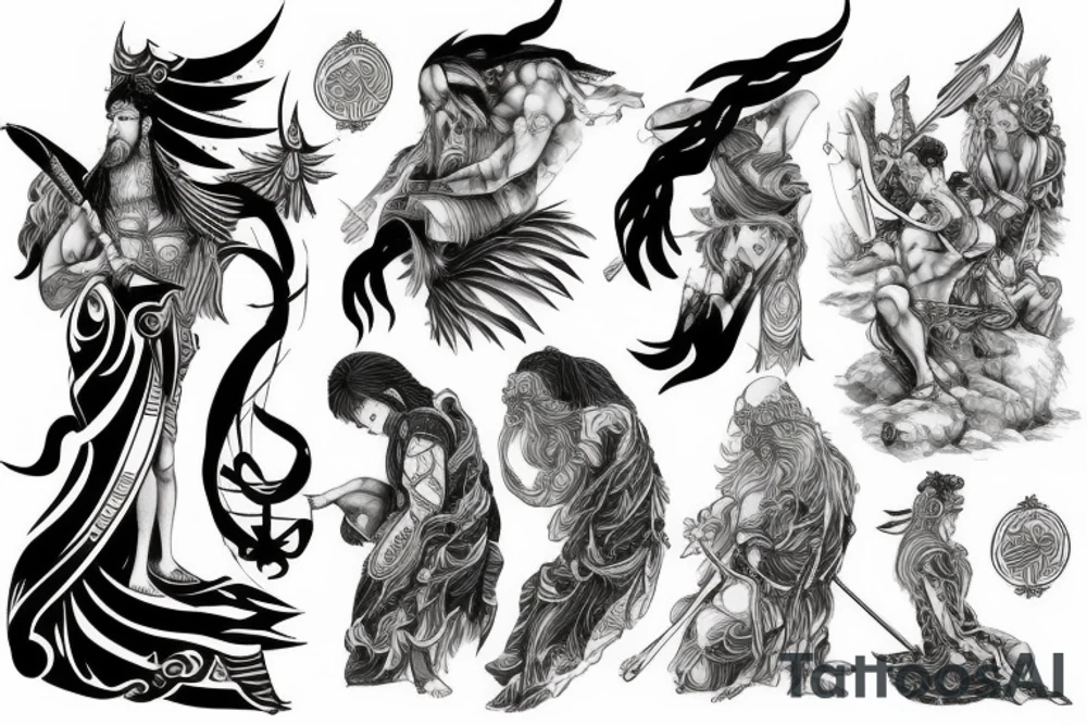 Japanese Nordic Greek gods sleeve tattoo idea