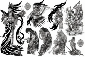 Japanese Nordic Greek gods sleeve tattoo idea
