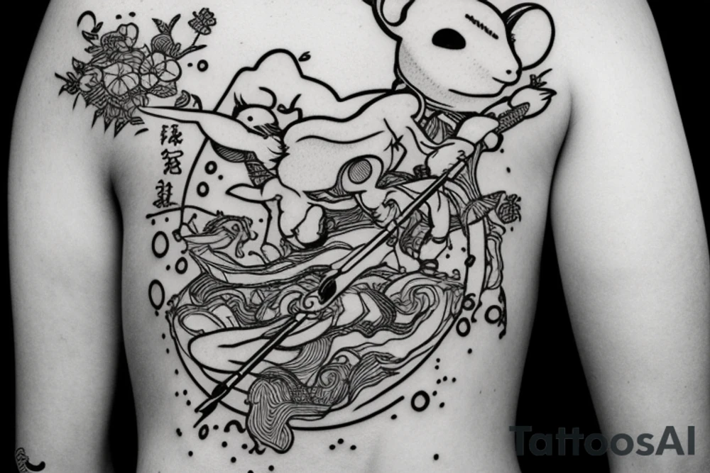 A kodama with a spear riding a pika tattoo idea