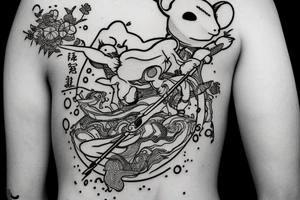 A kodama with a spear riding a pika tattoo idea