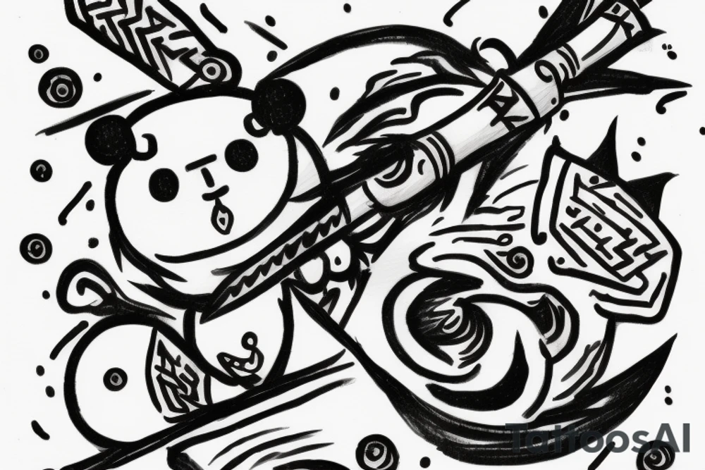 A kodama with a spear riding on top of a pika tattoo idea