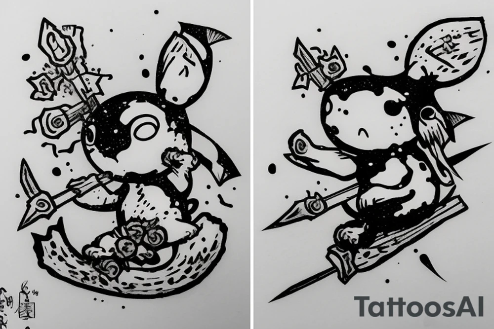 A kodama with a spear riding on top of a pika tattoo idea