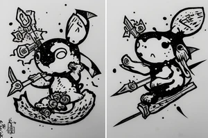 A kodama with a spear riding on top of a pika tattoo idea