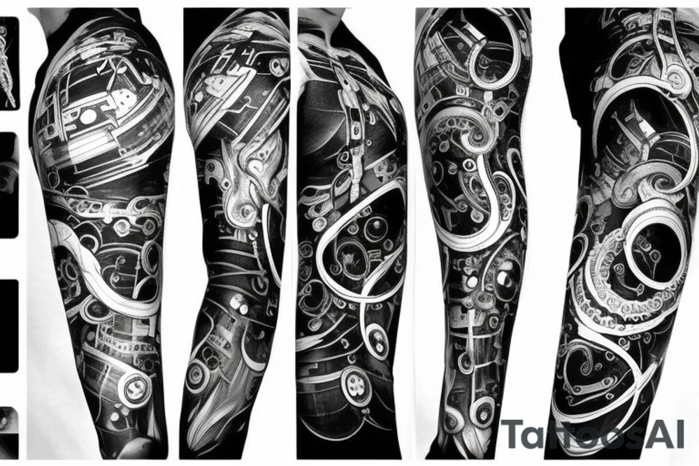 scifi monster with mechanical parts and tentacles, geometric fading background tattoo idea